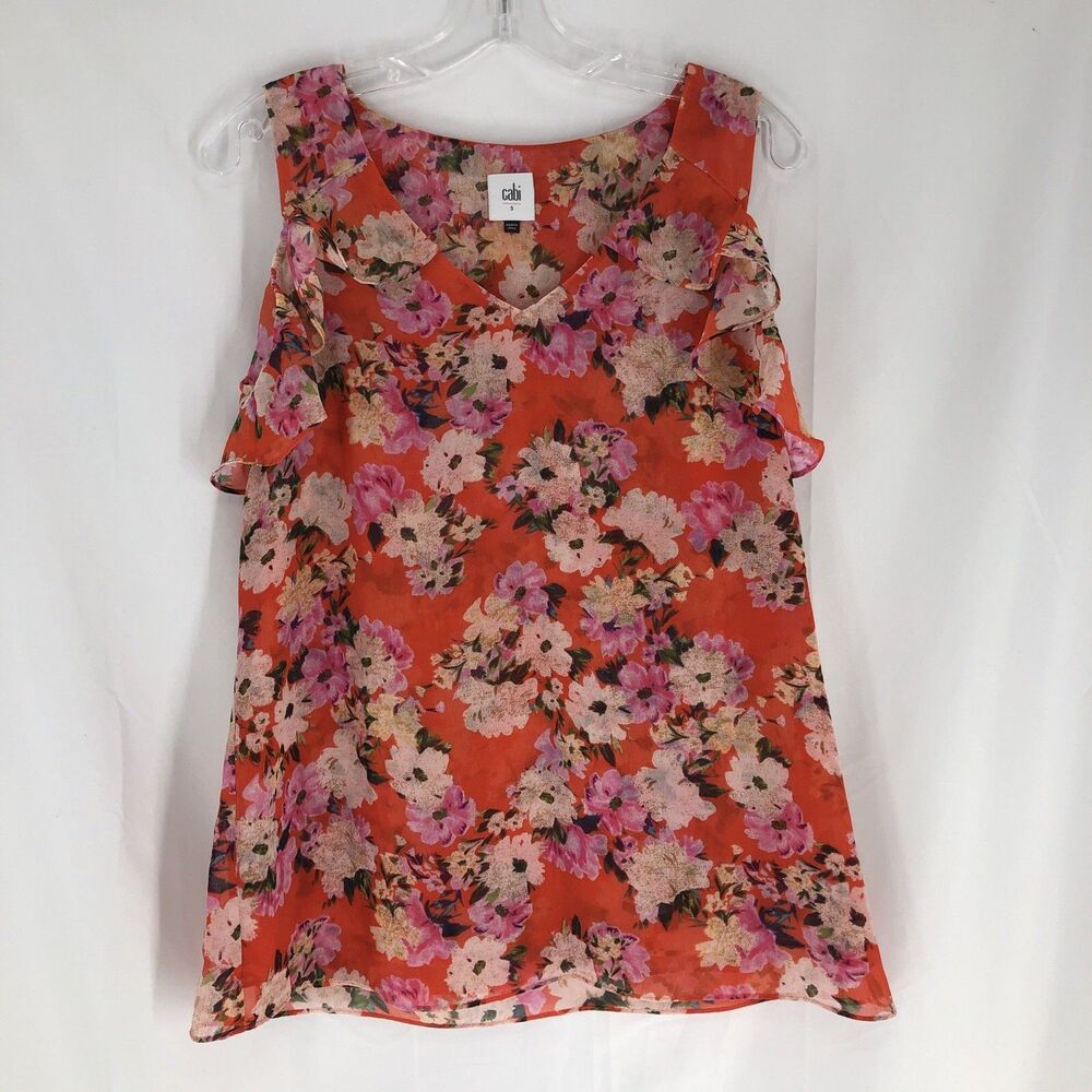 CAbi Women's Floral Orange Tank Sleeveless Semi-Sheer Small
